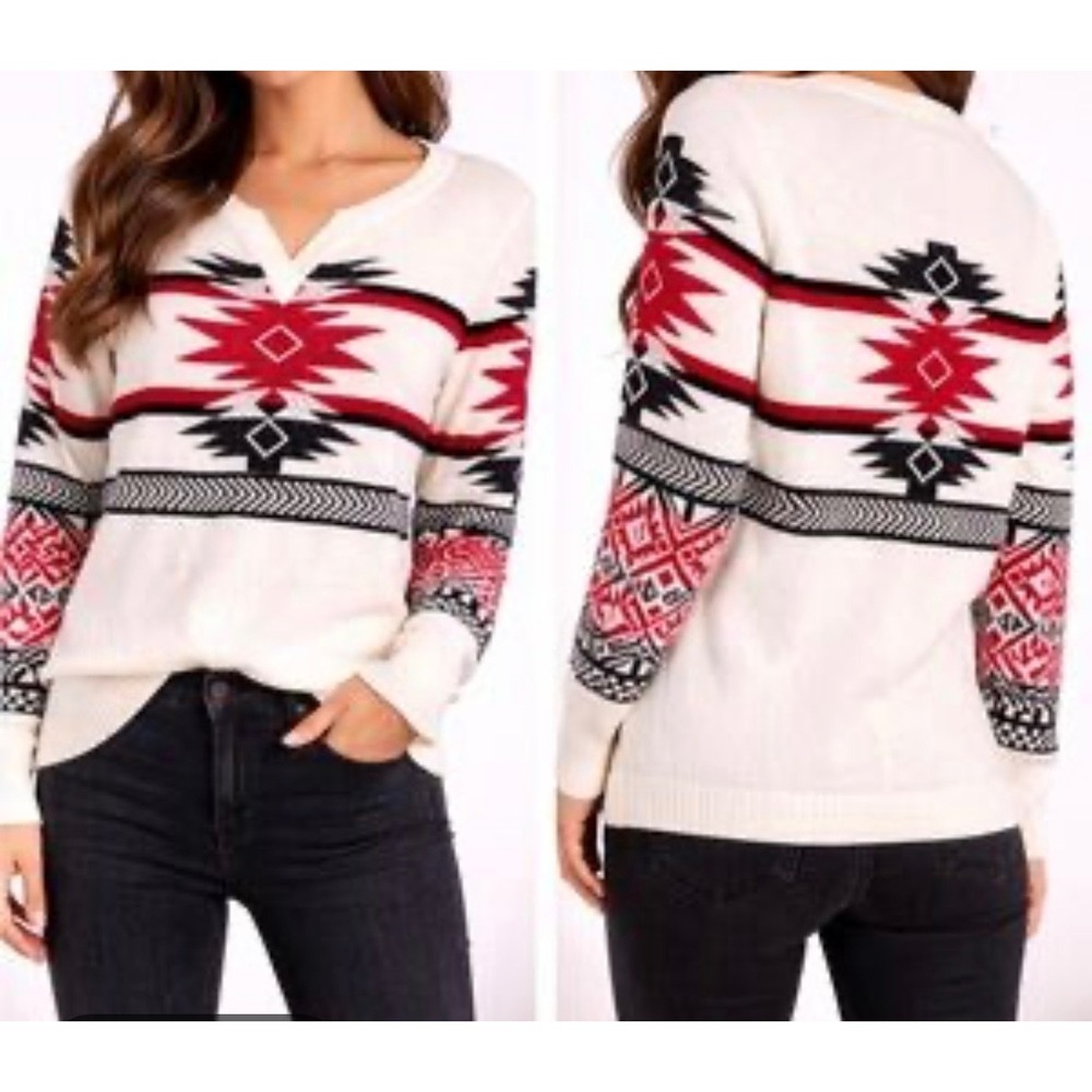 Woolrich Southwestern Aztec Knit Sweater 2XL Cream Red Black Lightweight Fall